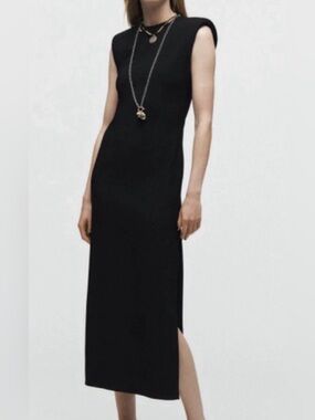 Zara Womens Midi Dress Sleeveless side slit Stretch Black 8190/409 NWT